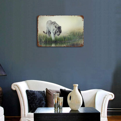 Vintage White Tiger by the Lake Metal Wall Art Decor