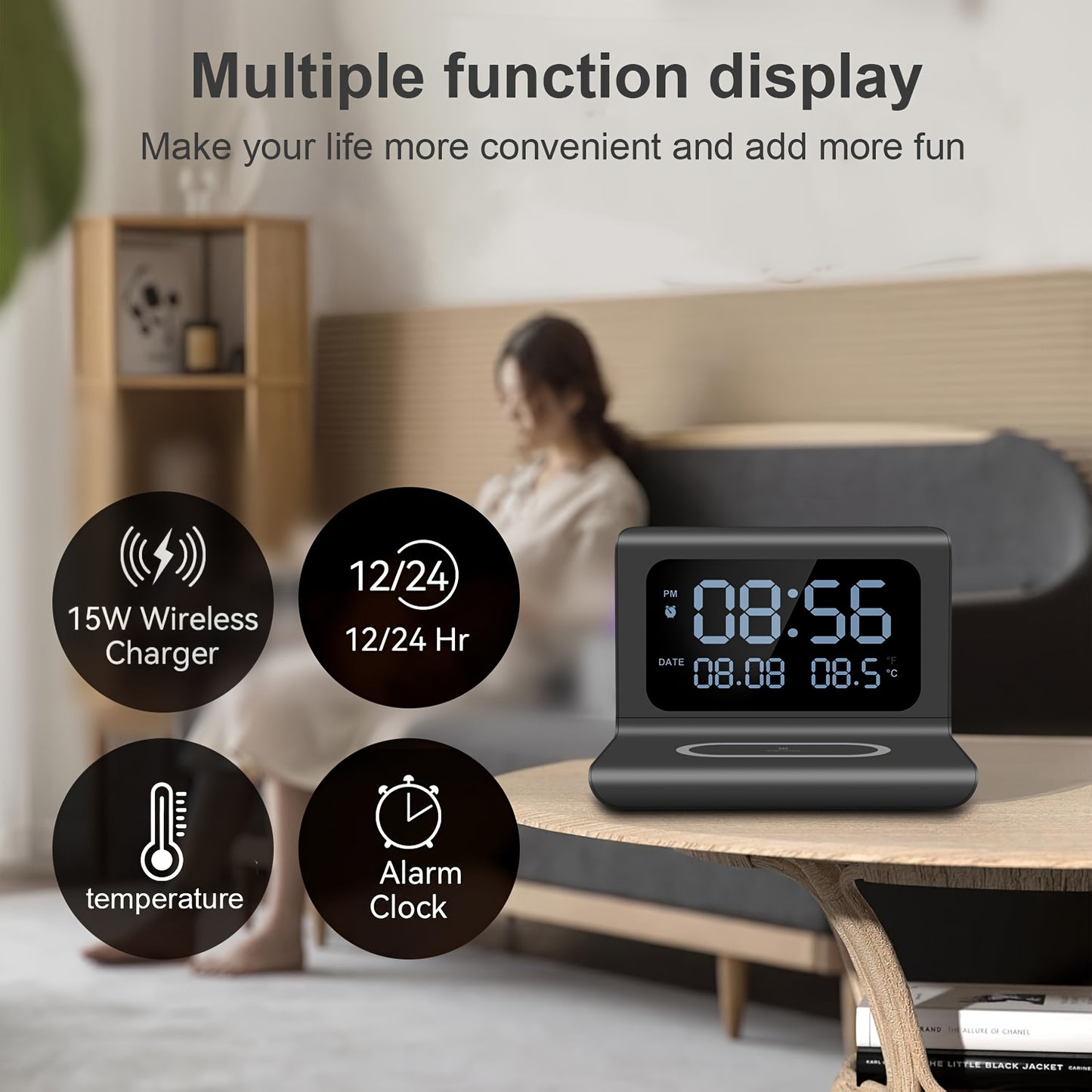Multifunctional Wireless Charging Station Time Temperature Alarm Clock for Bedroom Desk Works with iPhone 16 15 14 13 12 11 Series AirPods Pro 2 3 4 Samsung S25 S23 S22 S21 S20 Galaxy Buds