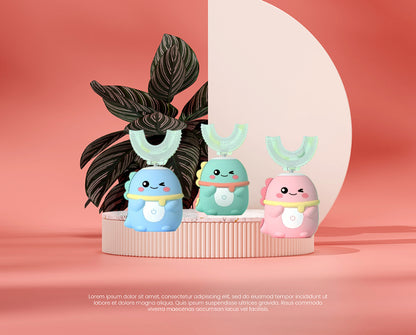 Kids U-Shaped Electric Toothbrush with 5 Modes 1 Brush Head 59s Timer Cute Dinosaur Design for Children
