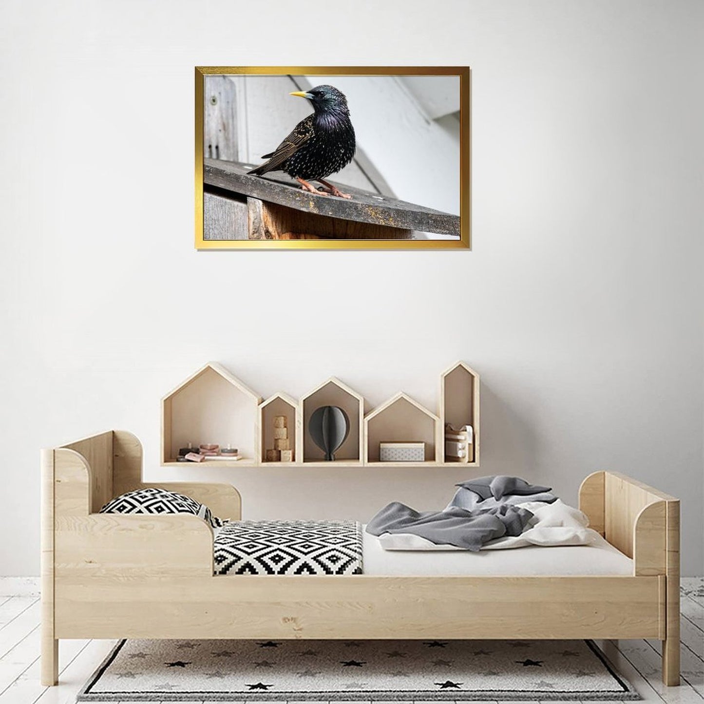 Modern Bird Photography Wall Art – Blackbird on Wood Frame Print- 126