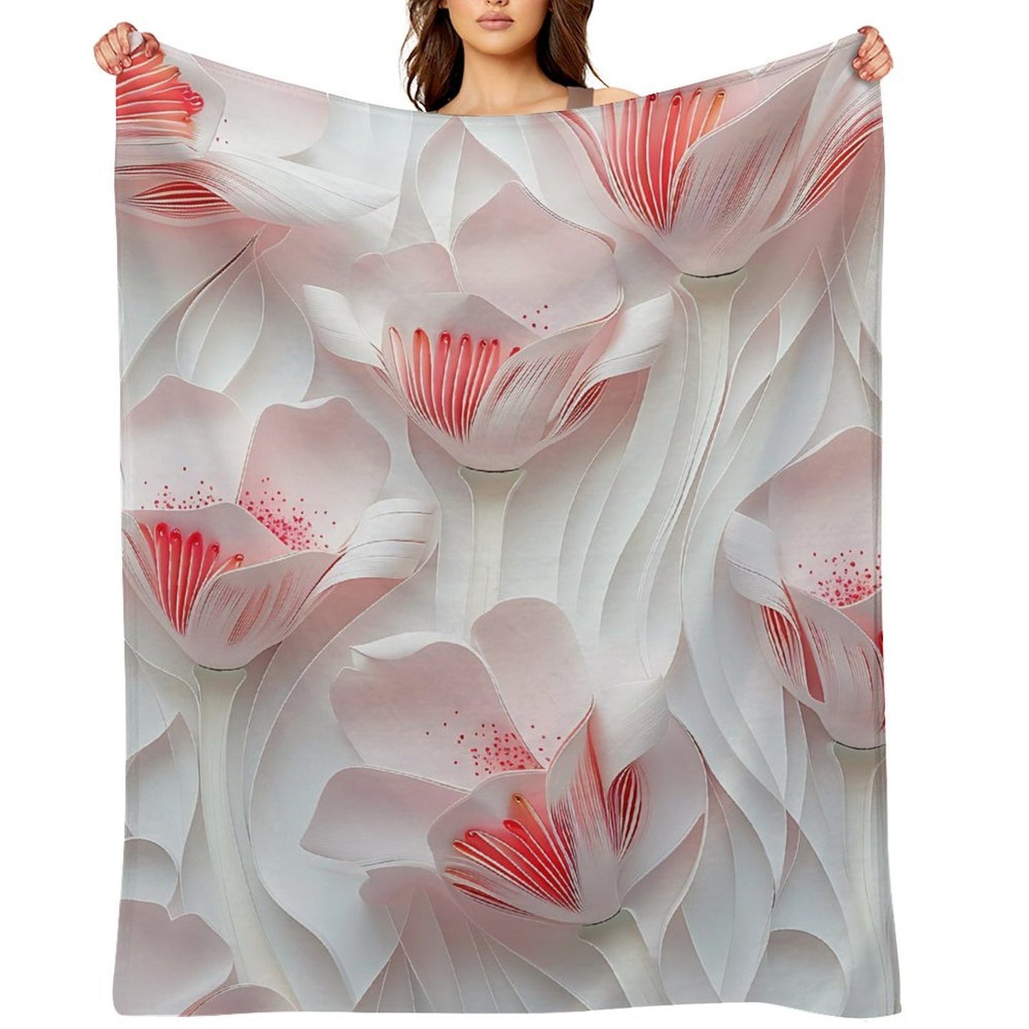 Elegant Anti-Pilling Flannel Blanket with 3D White Pink Floral Design