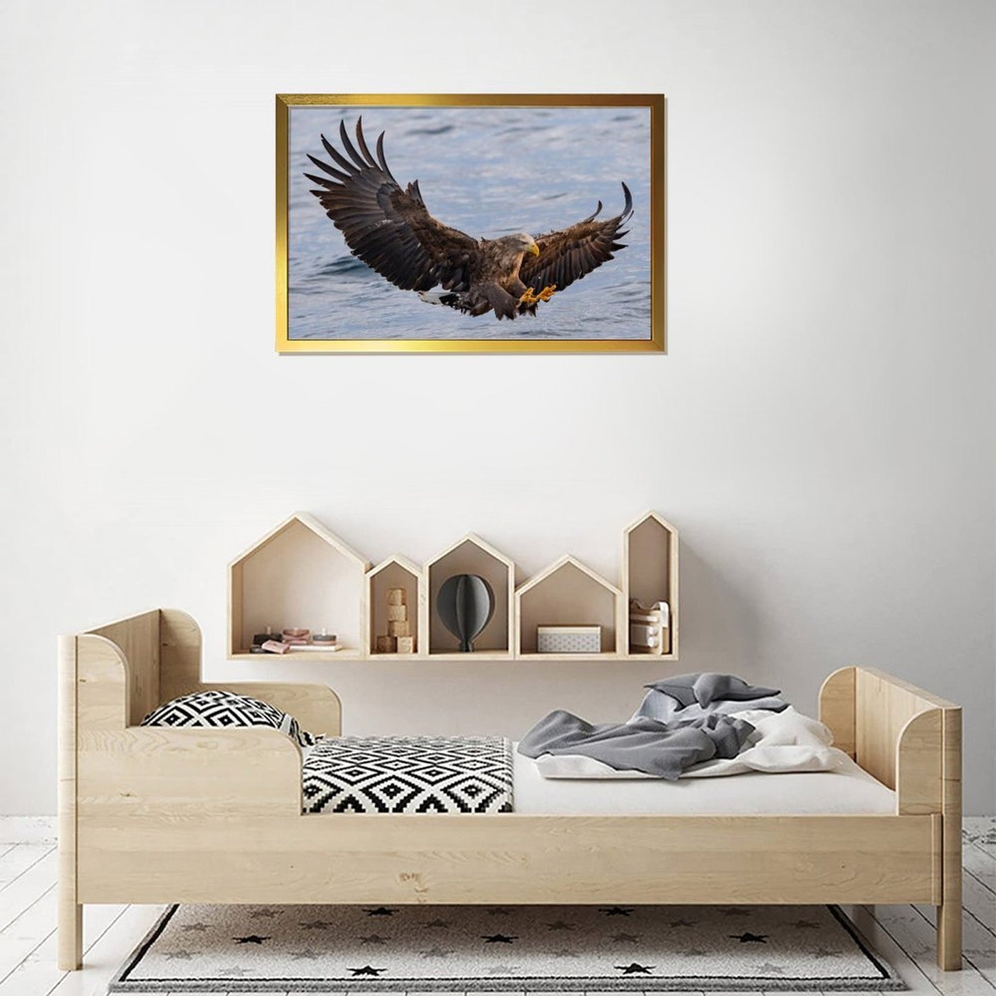 Golden Frame Eagle Wall Art – Majestic Bird Canvas Decor- 137
