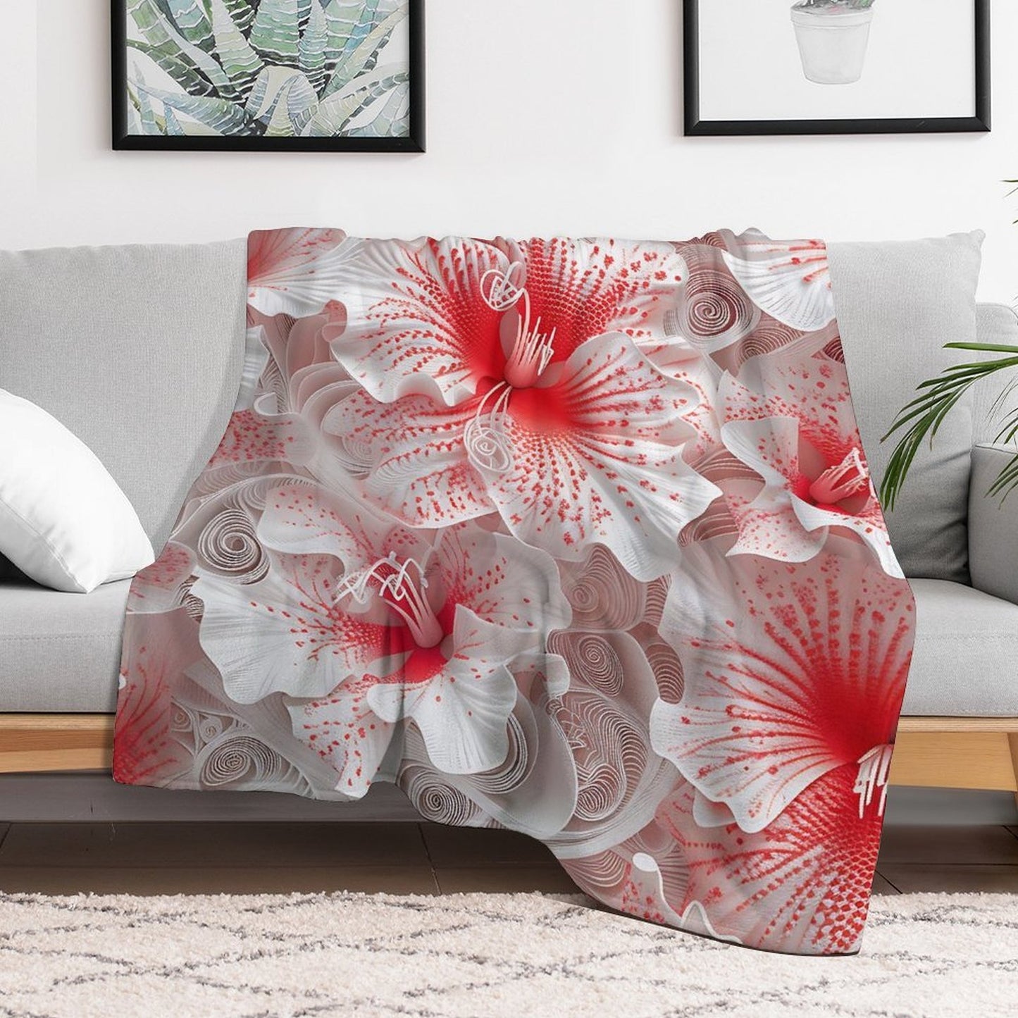 Soft Anti-Pilling Flannel Blanket with Red and White Floral Design