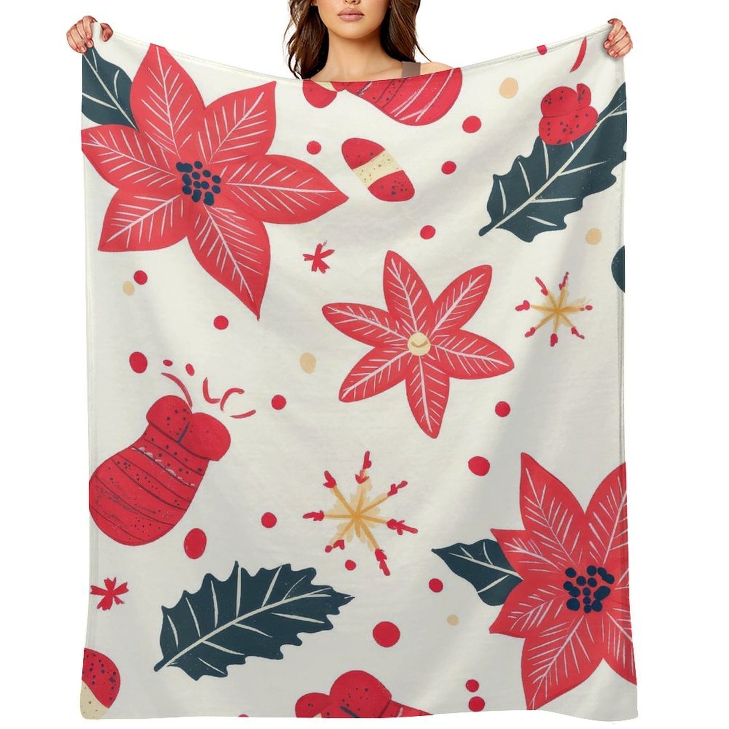Soft Anti-Pilling Flannel Blanket with Red Christmas Flower Print