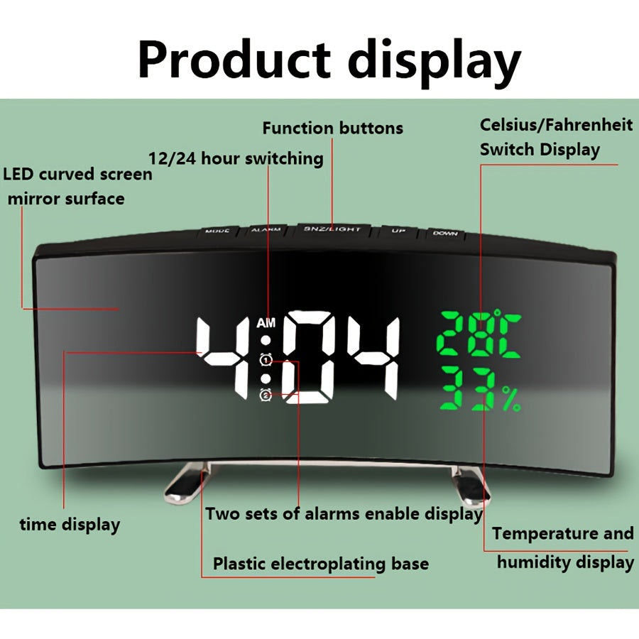 1pc Curved LED Alarm Clock with Large Display Screen Shows Time Temperature Humidity USB Powered Multifunctional Desk Clock