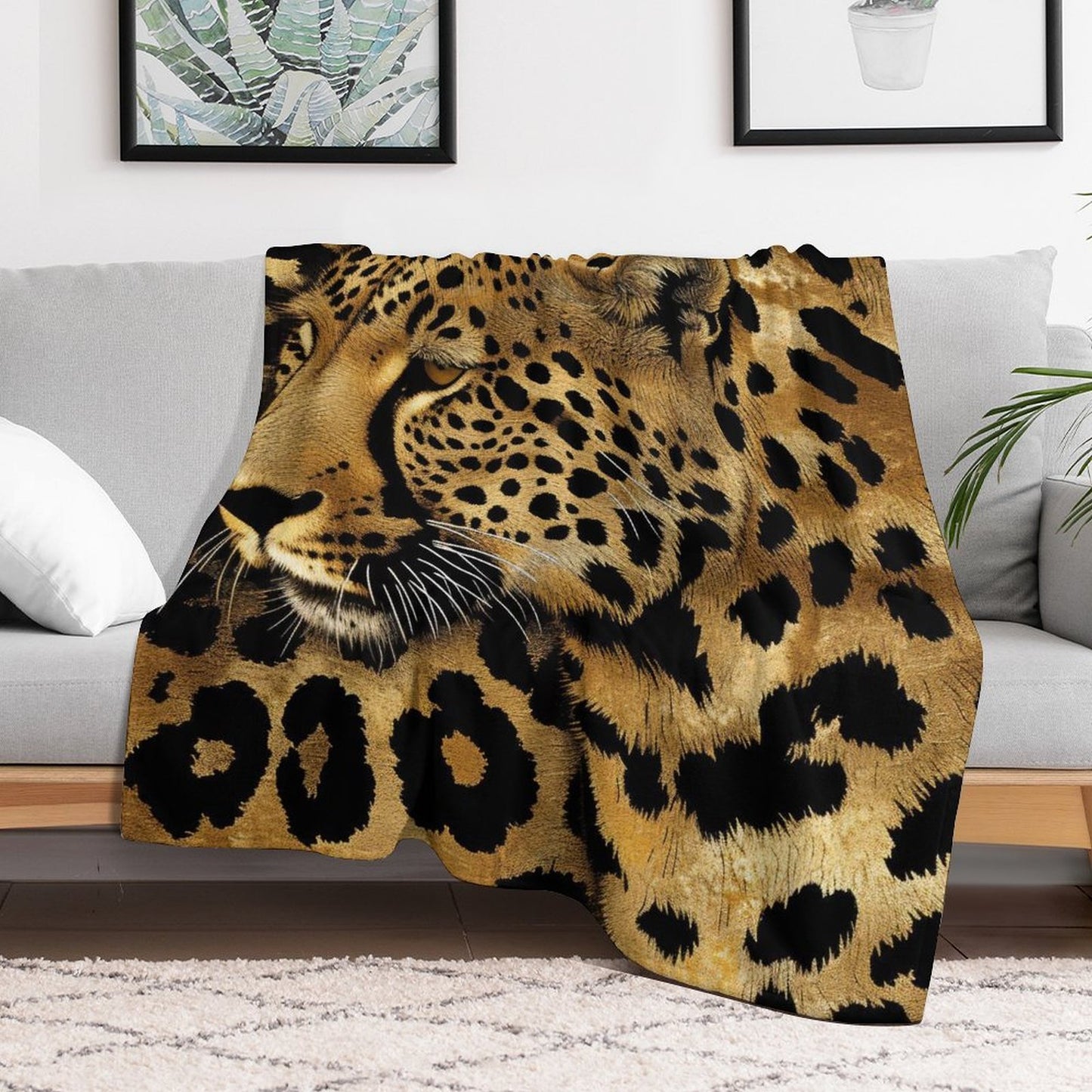 Bold Gold Leopard Face Flannel Throw Blanket
