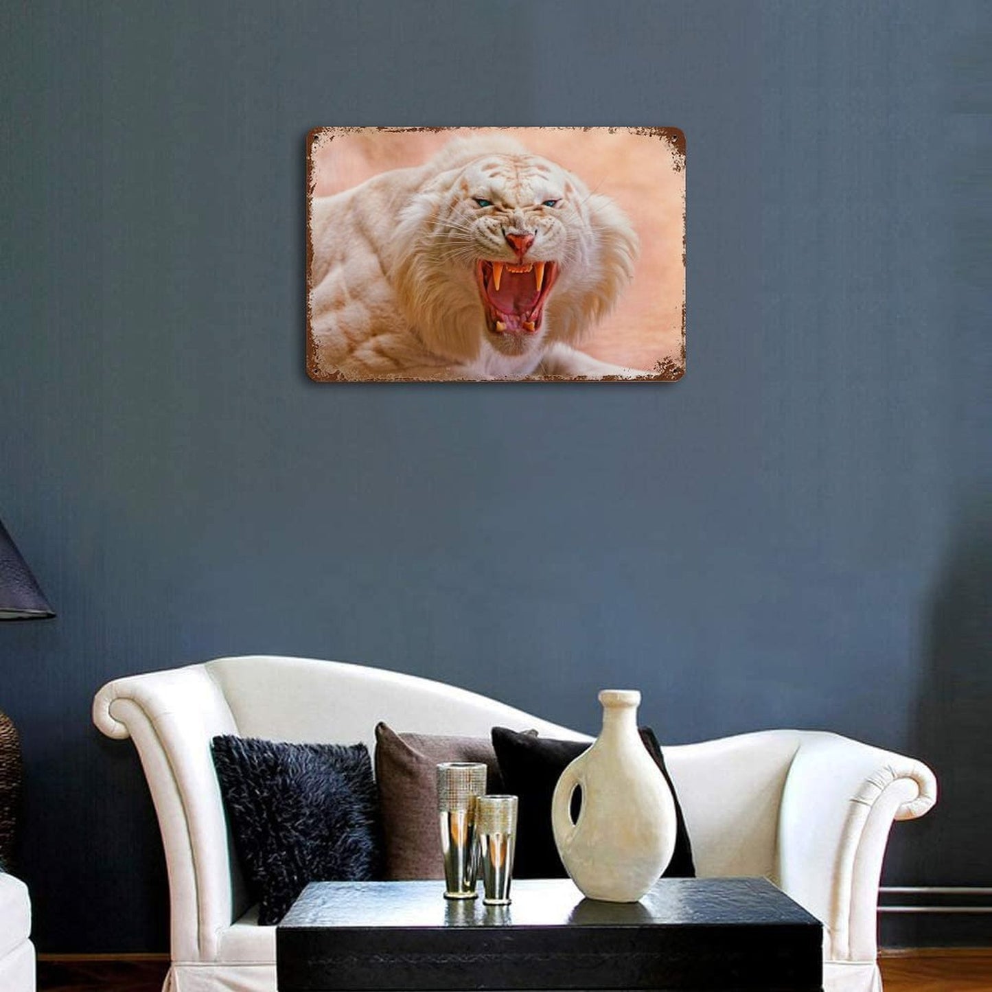 Vintage Roaring White Tiger Metal Wall Art Decor
