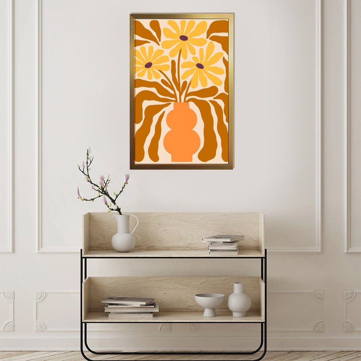 Retro Floral Vase Art Print, Abstract Yellow Flower Wall Decor-49