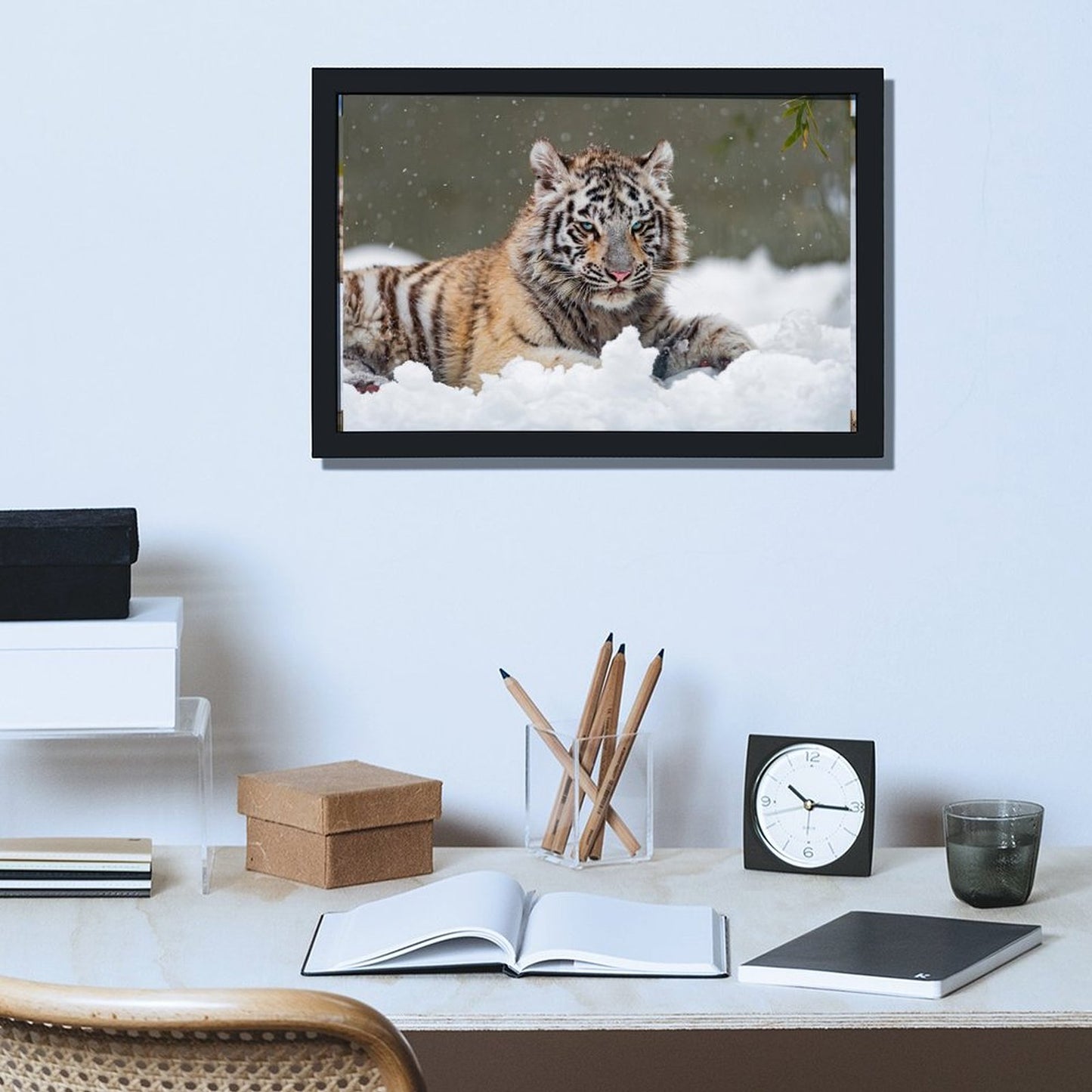 White Tiger in Snow Canvas Wall Art – Modern Framed Home Décor-18
