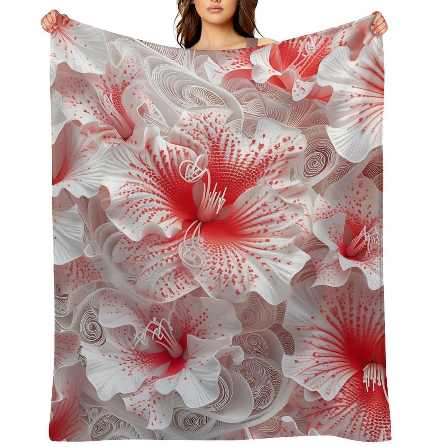 Soft Anti-Pilling Flannel Blanket with Red and White Floral Design
