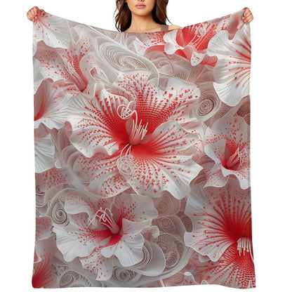Soft Anti-Pilling Flannel Blanket with Red and White Floral Design