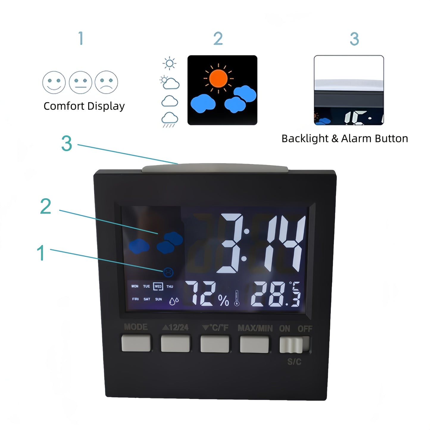 LCD Weather Forecast Station Indoor Temperature Humidity Monitor with Alarm Clock Calendar Battery Powered Sleek Design for Home Office Use