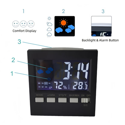 LCD Weather Forecast Station Indoor Temperature Humidity Monitor with Alarm Clock Calendar Battery Powered Sleek Design for Home Office Use