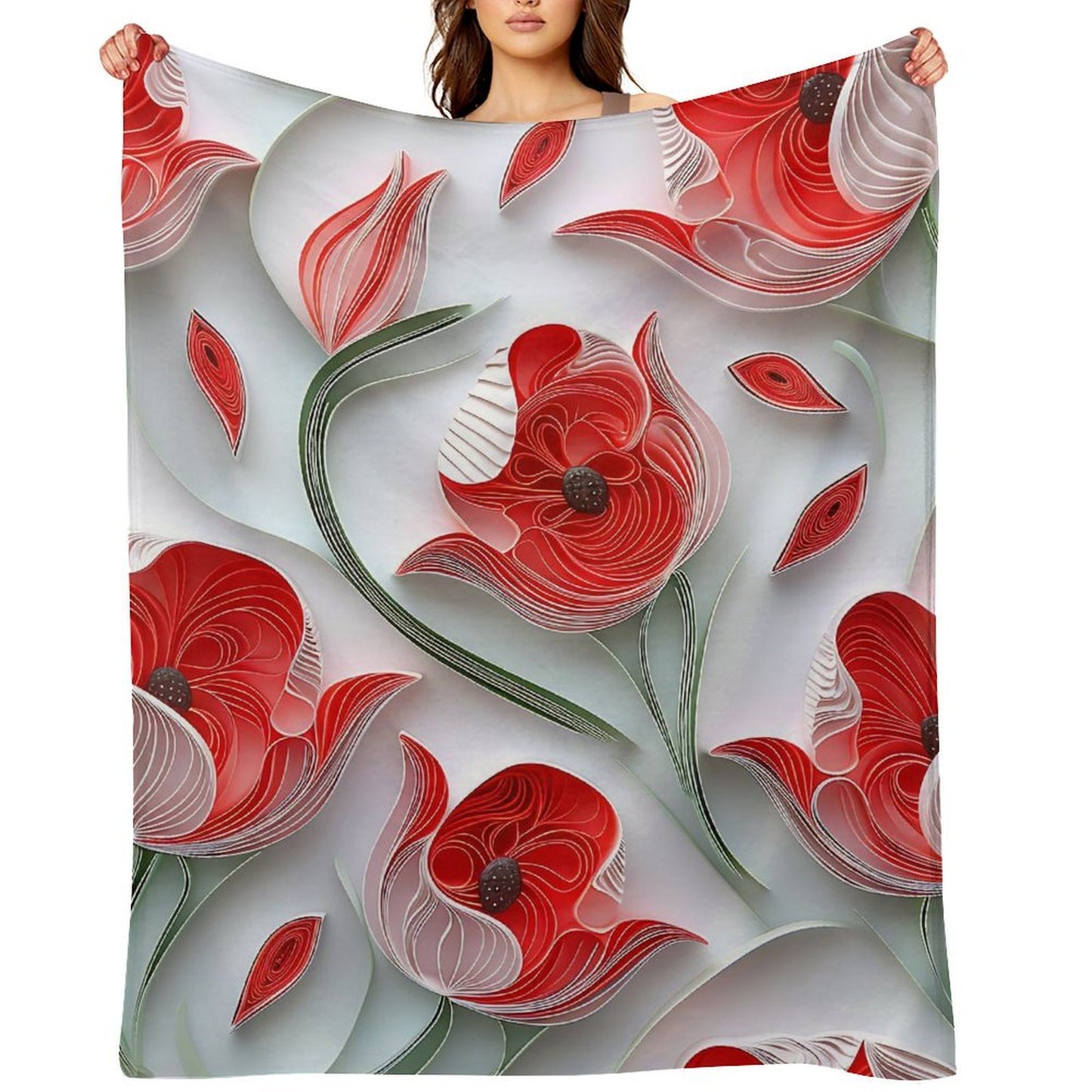Soft Anti-Pilling Flannel Blanket with Red Tulip Floral Design