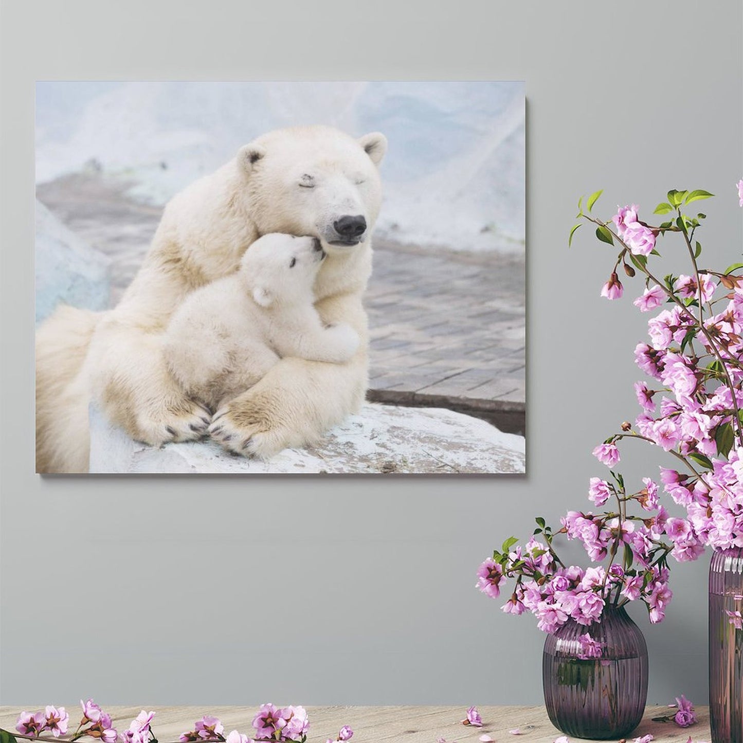Polar Bear Family Hug Canvas Wall Art – Cozy Arctic Animal Painting for Home Decor