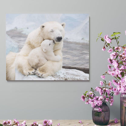 Polar Bear Family Hug Canvas Wall Art – Cozy Arctic Animal Painting for Home Decor
