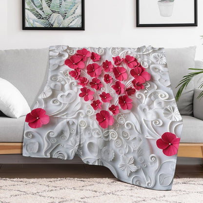 Anti-Pilling Flannel Blanket with 3D Pink Heart Floral Design