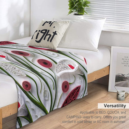 Anti-Pilling Flannel Blanket with 3D Red and White Floral Design