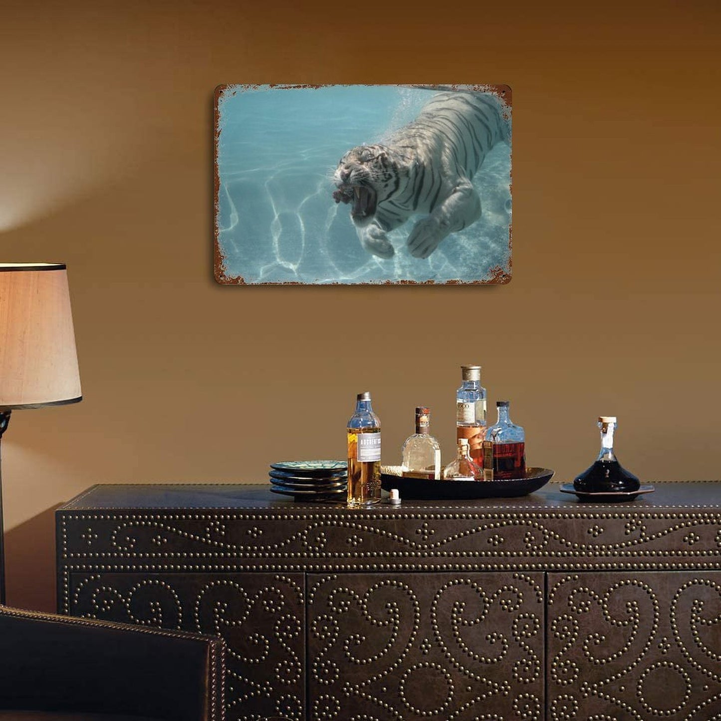 Vintage Underwater White Tiger Metal Wall Art Decor