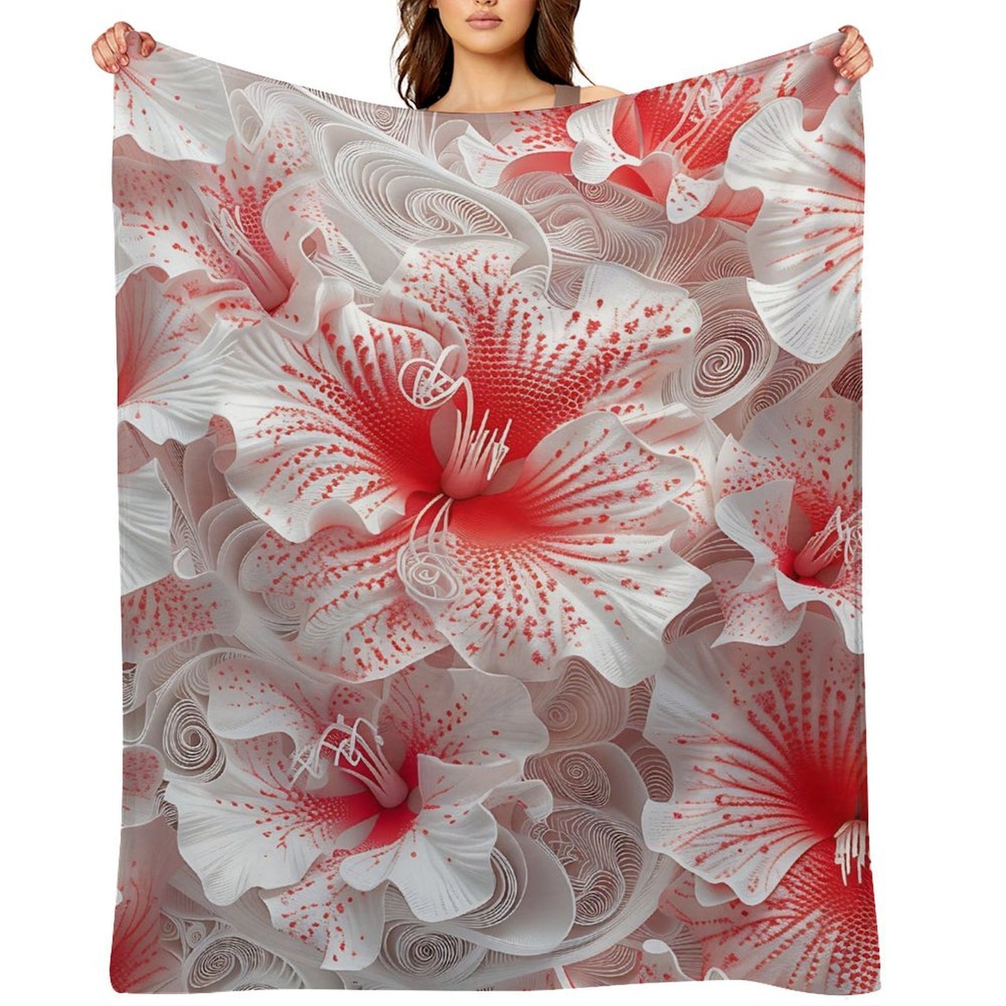 Soft Anti-Pilling Flannel Blanket with Red and White Floral Design