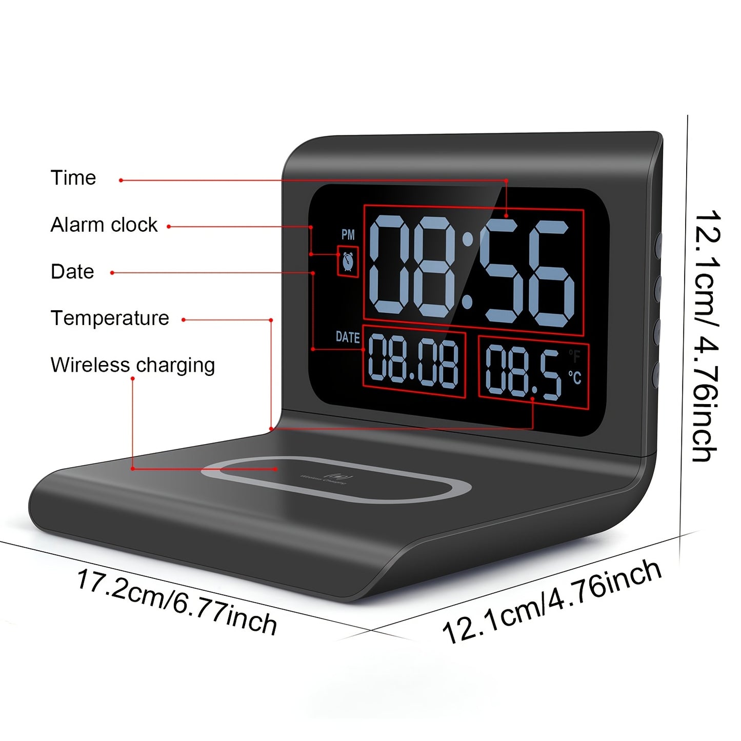 Multifunctional Wireless Charging Station Time Temperature Alarm Clock for Bedroom Desk Works with iPhone 16 15 14 13 12 11 Series AirPods Pro 2 3 4 Samsung S25 S23 S22 S21 S20 Galaxy Buds