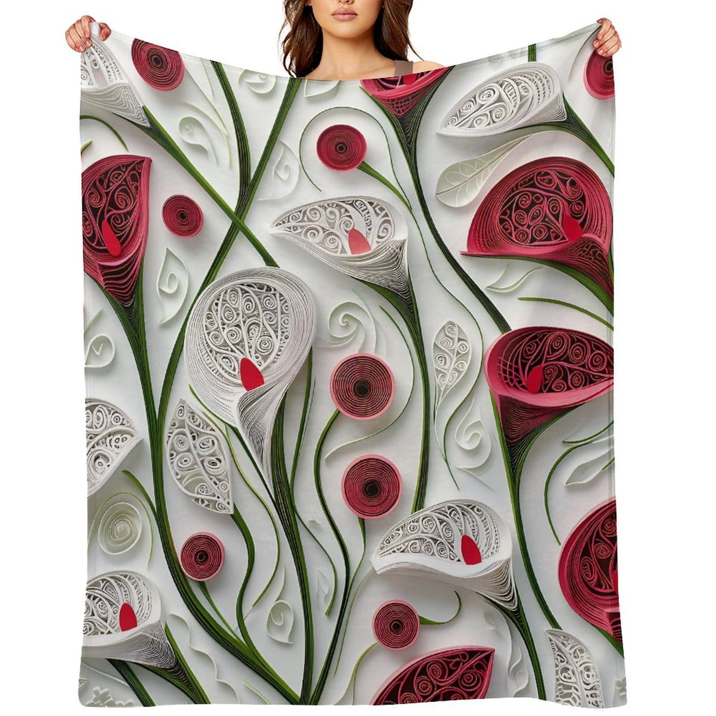 Anti-Pilling Flannel Blanket with 3D Red and White Floral Design