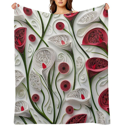 Anti-Pilling Flannel Blanket with 3D Red and White Floral Design