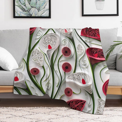 Anti-Pilling Flannel Blanket with 3D Red and White Floral Design
