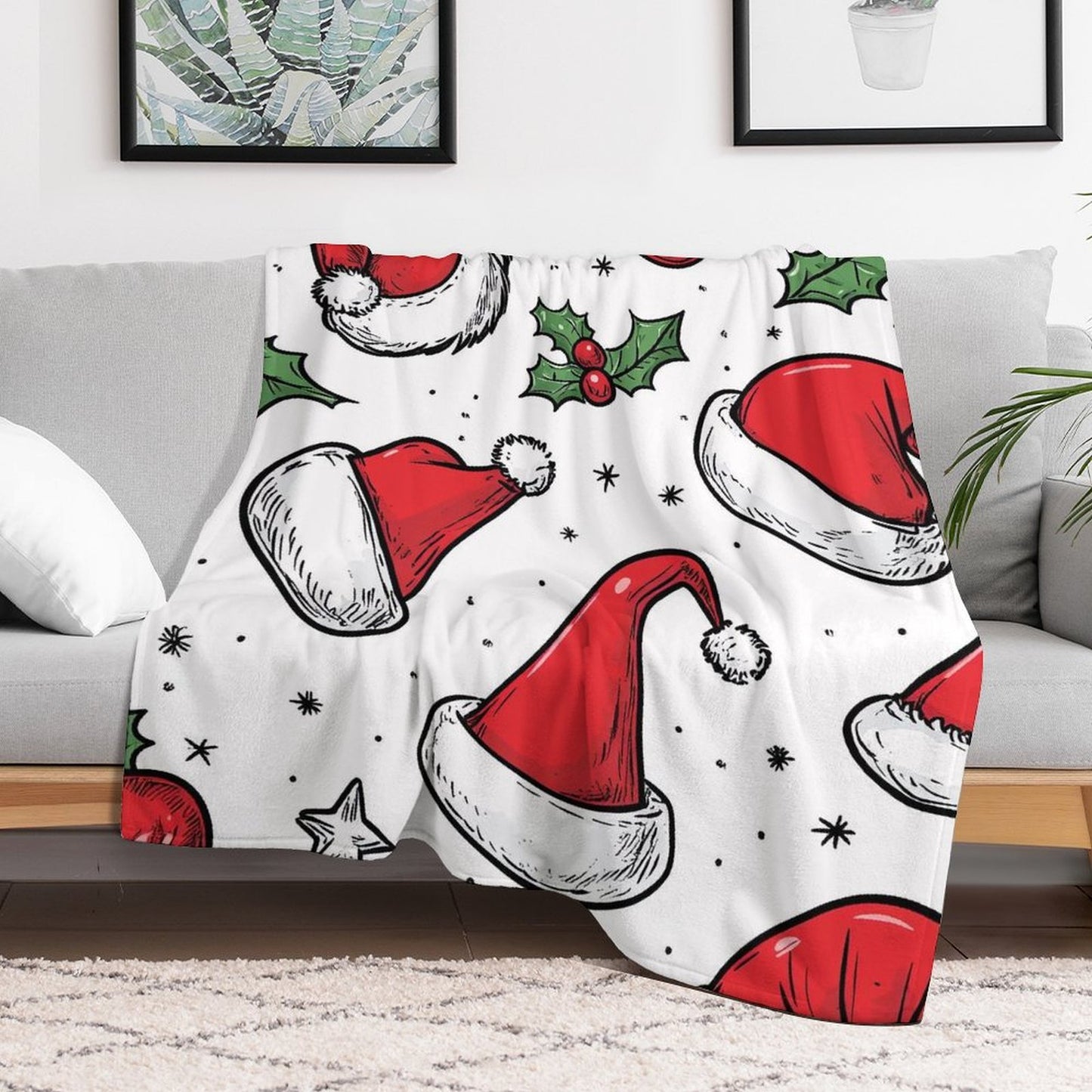 Santa Hat Pattern Anti-Pilling Flannel Blanket – Soft Cozy Christmas Throw
