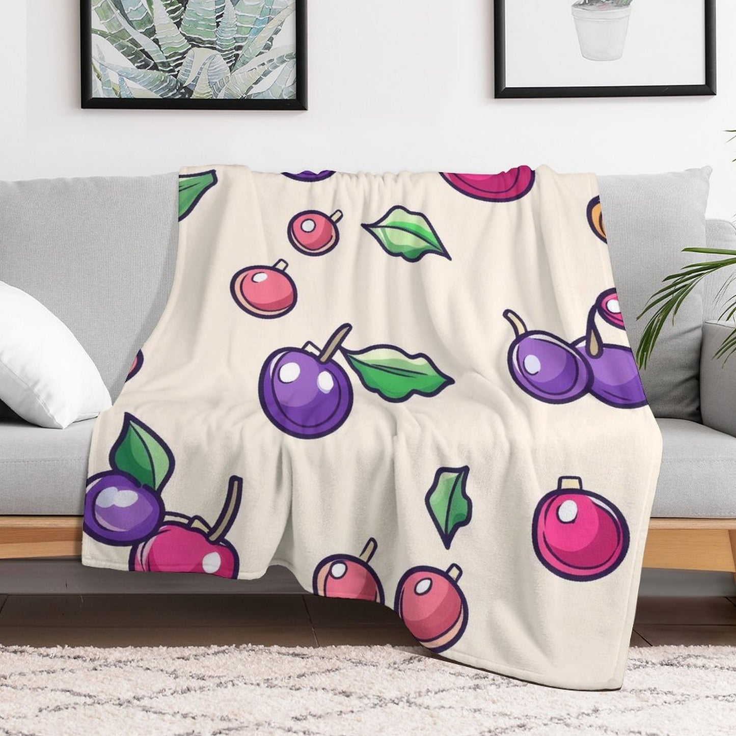 Anti-Pilling Flannel Blanket with Cute Cartoon Fruit Pattern Design