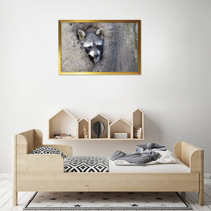 Animal Wall Picture Raccoon in Tree Hole Gold Frame-10