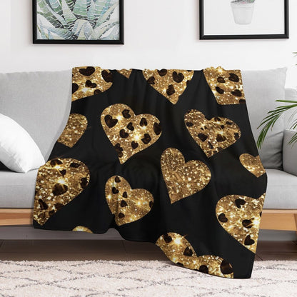 Anti-Pilling Flannel Blanket with Gold Glitter Heart Pattern Design
