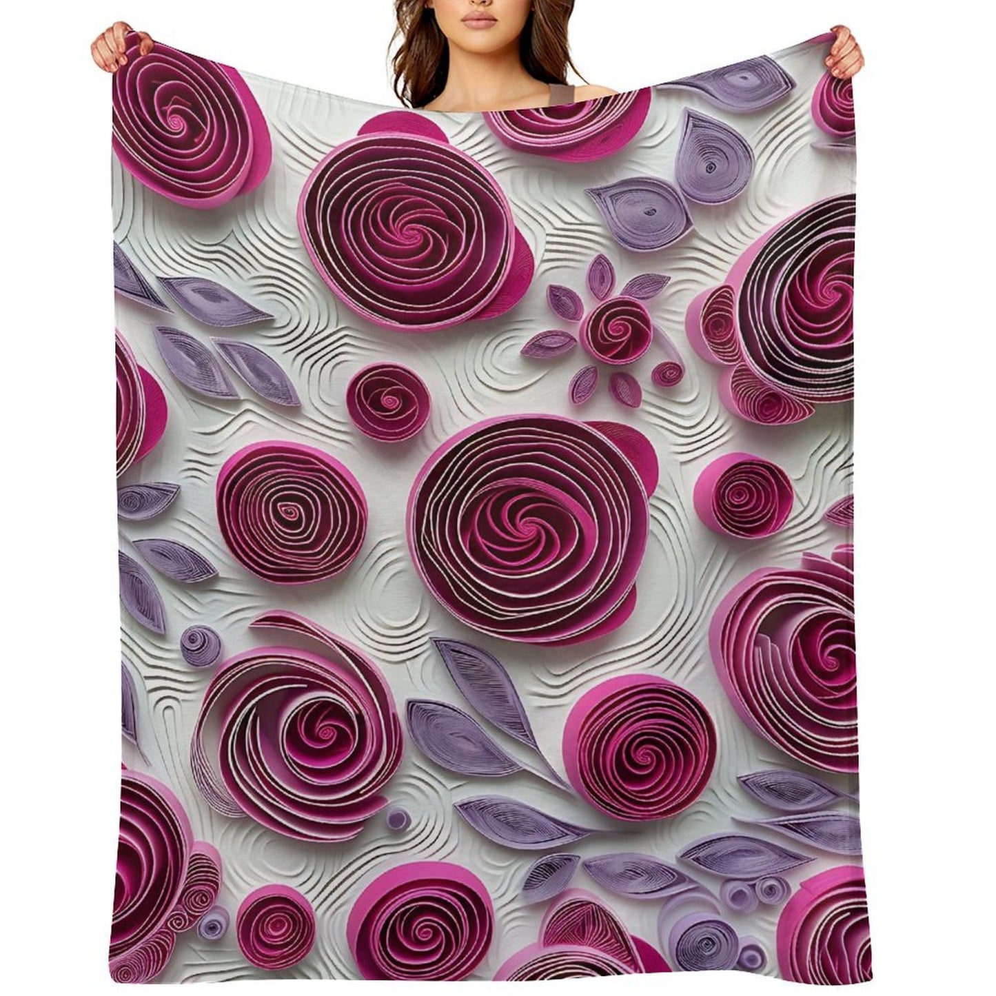 Soft Anti-Pilling Flannel Blanket with Purple Rose Spiral Pattern