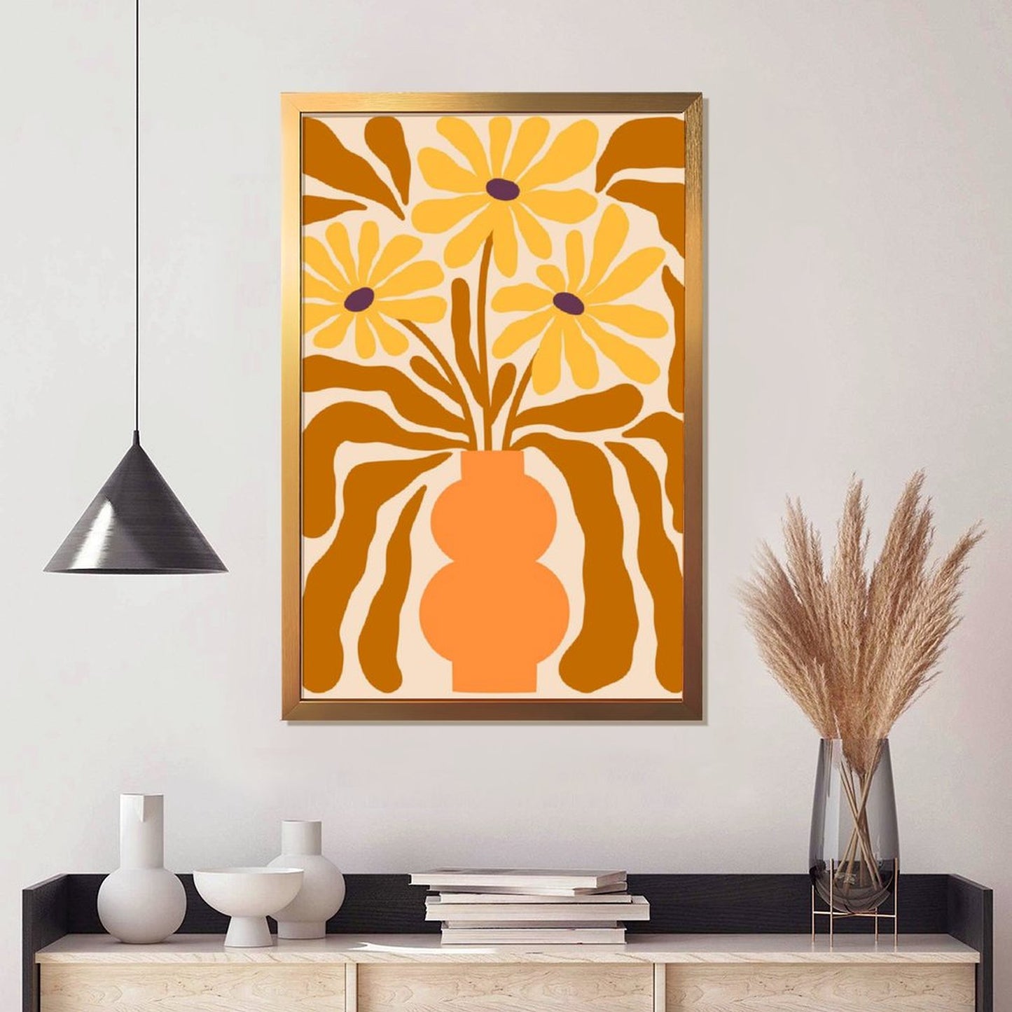 Retro Floral Vase Art Print, Abstract Yellow Flower Wall Decor-49