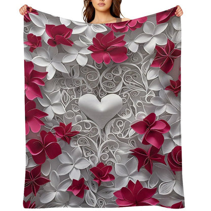Soft Anti-Pilling Flannel Blanket with Heart and Red Floral Design