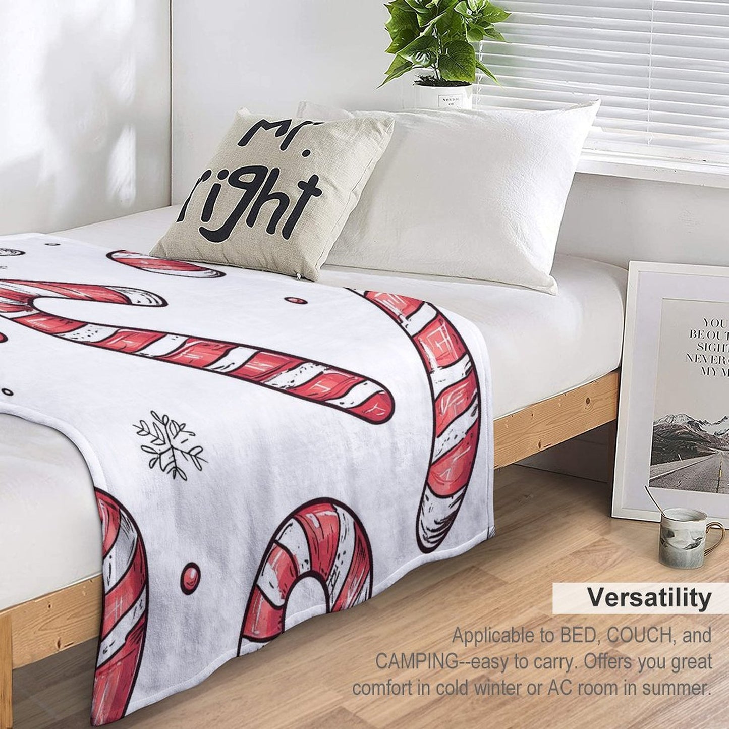 Soft Anti-Pilling Flannel Blanket with Candy Cane Print, Cozy Christmas Throw