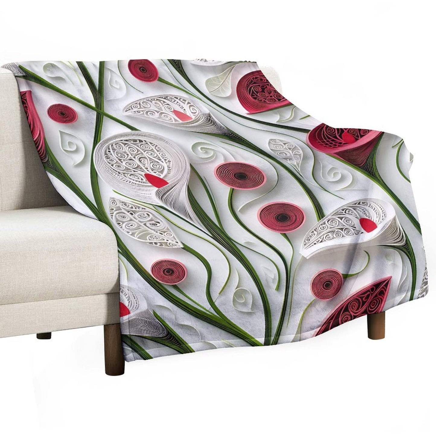 Anti-Pilling Flannel Blanket with 3D Red and White Floral Design