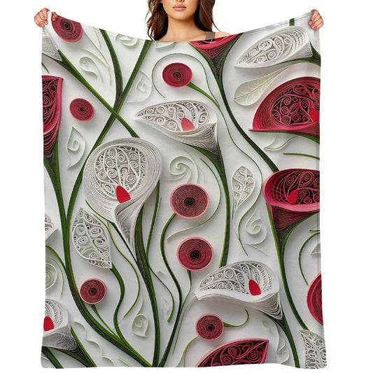 Anti-Pilling Flannel Blanket with 3D Red and White Floral Design