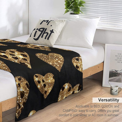 Anti-Pilling Flannel Blanket with Gold Glitter Heart Pattern Design