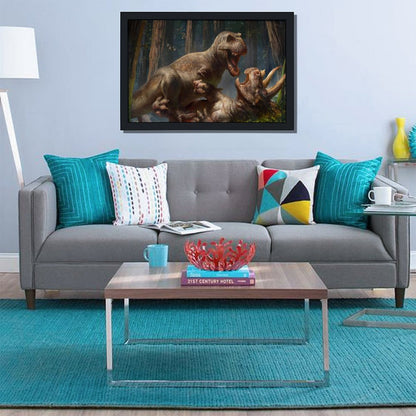 Dinosaur Battle Wall Art Black Frame Prehistoric Decor-4K