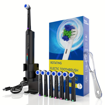 Electric Toothbrush for Men Women 3 Modes Rotating 4/8 Brush Heads Type-C Charging Deep Cleaning Soft Bristles IPX7 Waterproof Tongue Scraper