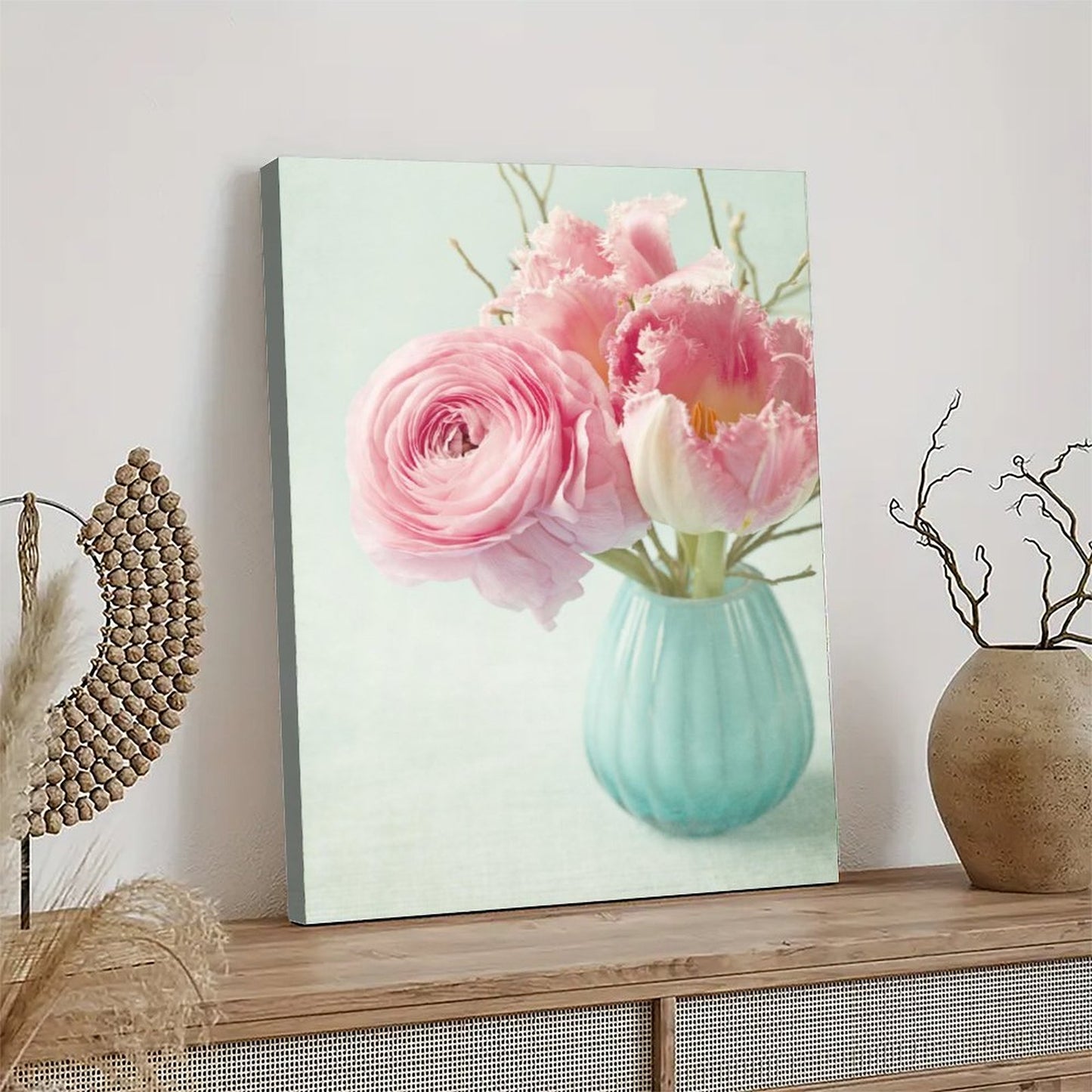 Pink Floral Wall Art with Blue Vase Canvas Painting - Flowers 32