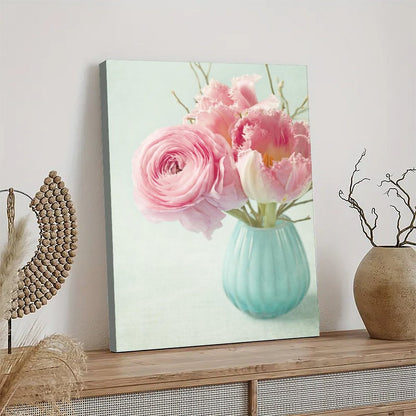 Pink Floral Wall Art with Blue Vase Canvas Painting - Flowers 32