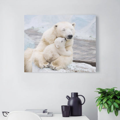 Polar Bear Family Hug Canvas Wall Art – Cozy Arctic Animal Painting for Home Decor