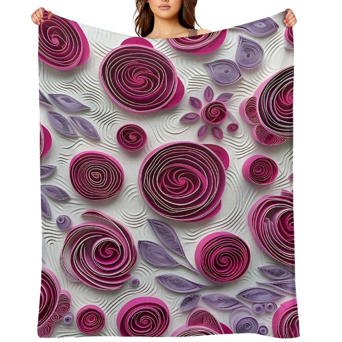 Soft Anti-Pilling Flannel Blanket with Purple Rose Spiral Pattern