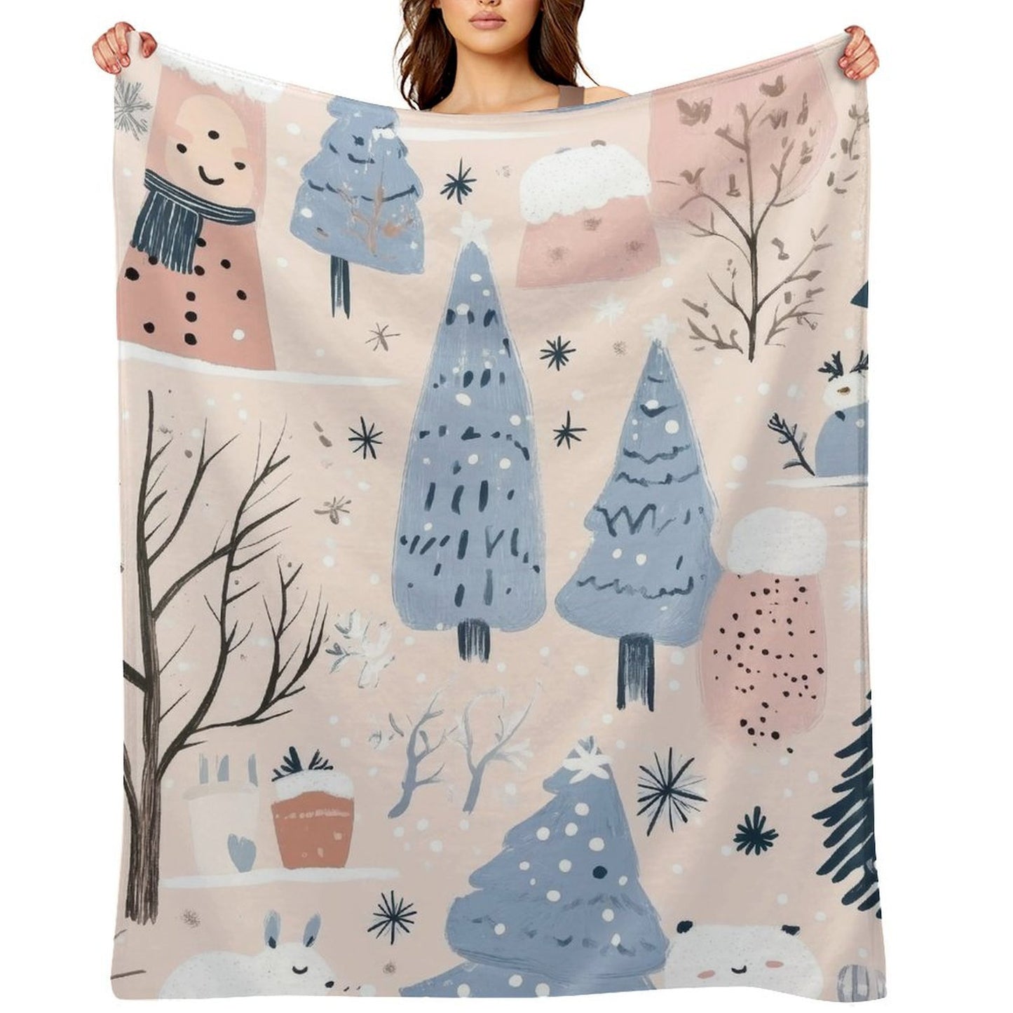 Anti-Pilling Flannel Blanket Winter Forest and Snowman Design