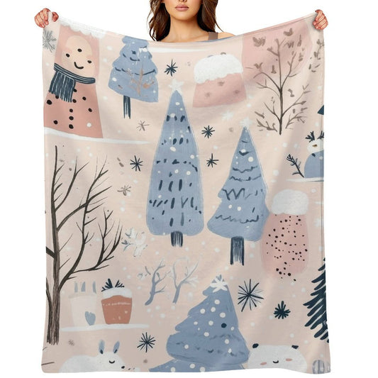 Anti-Pilling Flannel Blanket Winter Forest and Snowman Design