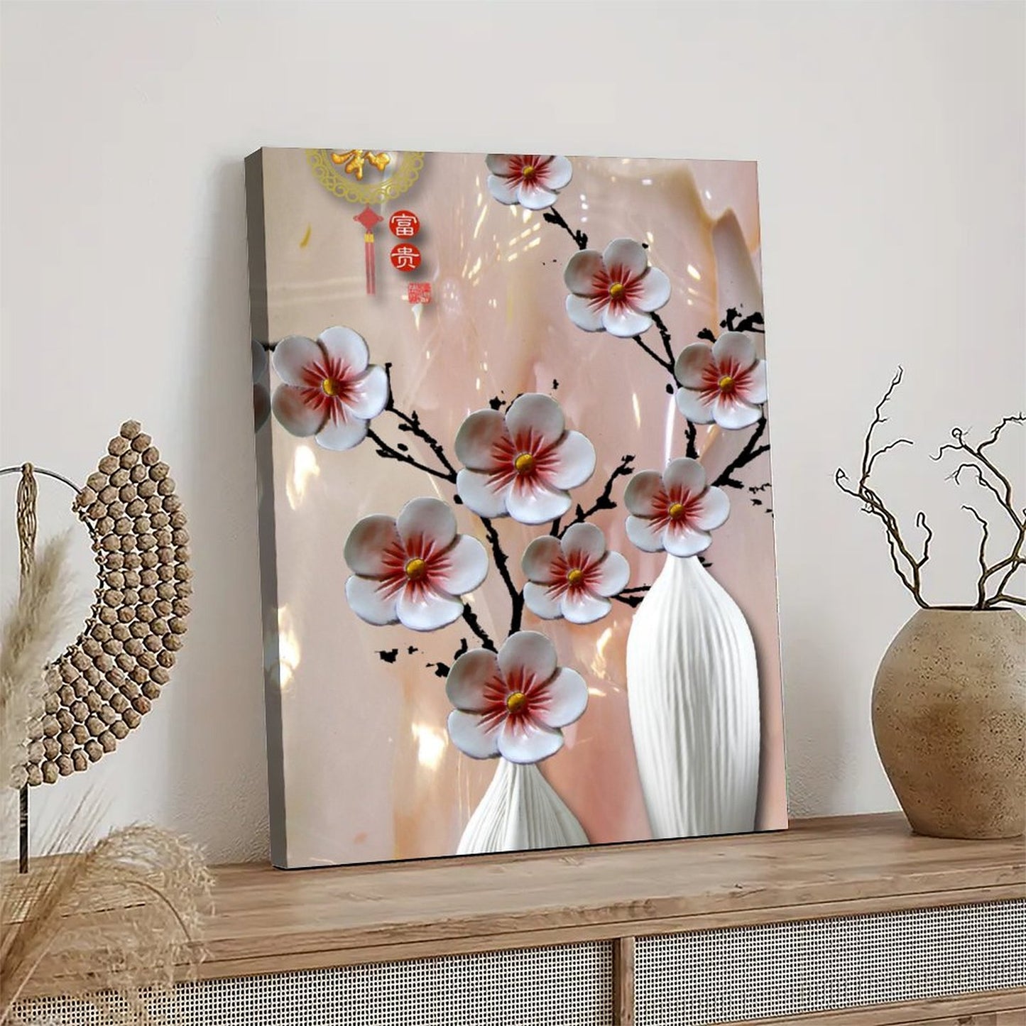 Beautiful plum blossoms are in full bloom on the wall as decoration for the painter's home 16