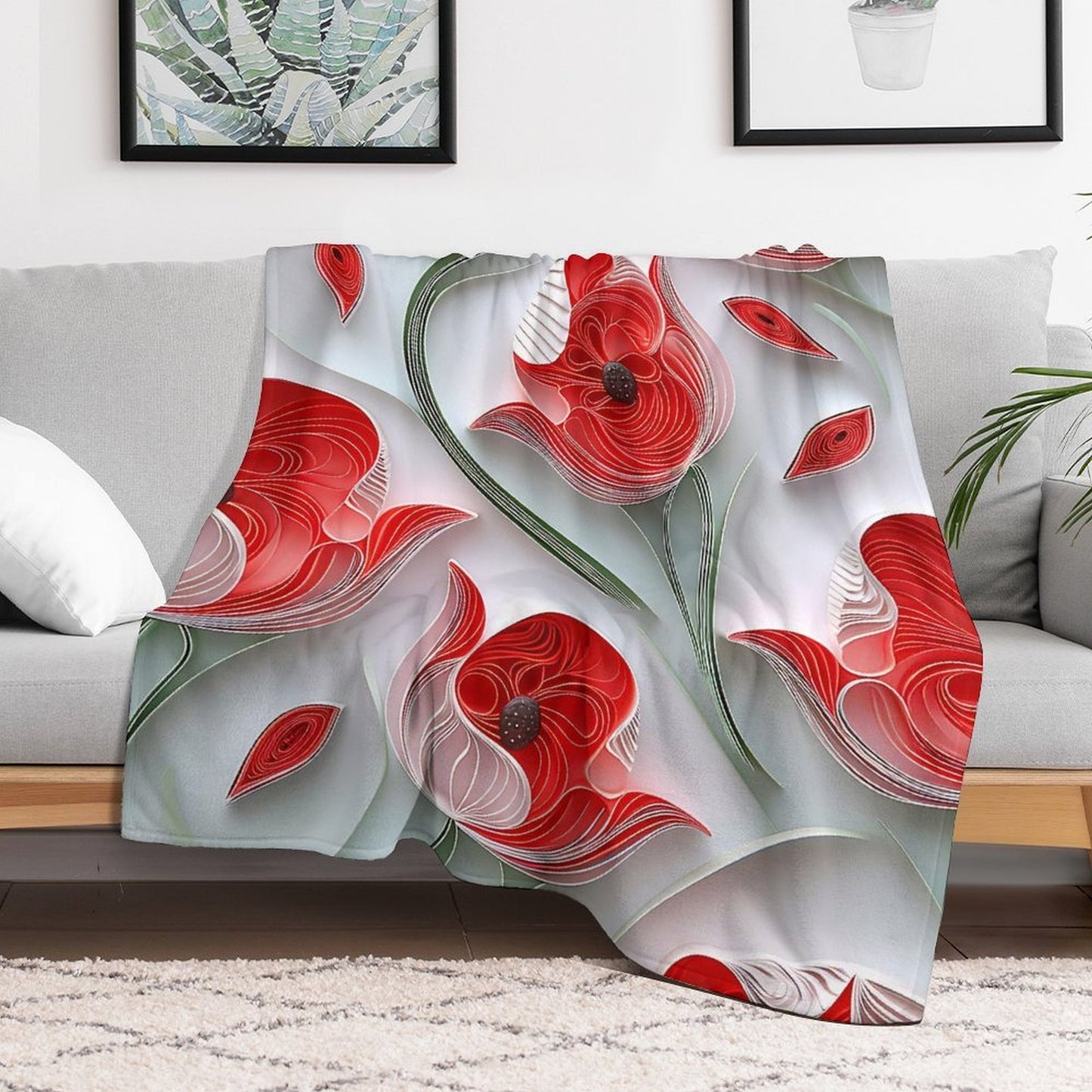 Soft Anti-Pilling Flannel Blanket with Red Tulip Floral Design