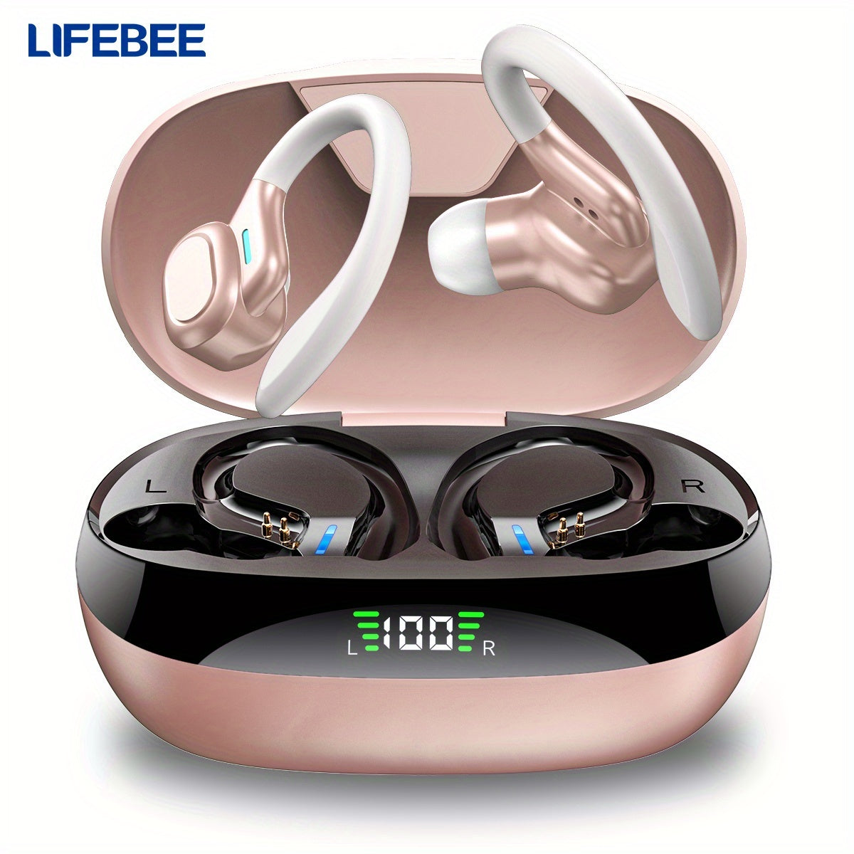 Wireless Sports Earbuds with Earhooks Active Noise Cancelling Dual-LED Display Pure Bass Built-in Microphone for Running